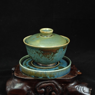 钧瓷名家百年郗家纯手工炭烧炉钧窑变精品三才盖碗原矿中式复古