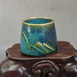 钧瓷名家任晓飞纯手工碳烧窑变雕刻见山主人杯压手杯茶器钧窑茶杯