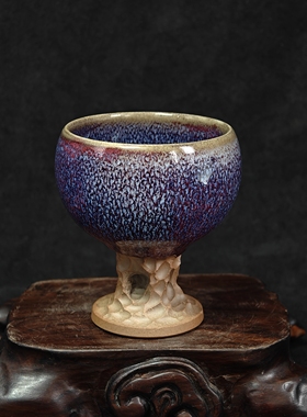 钧瓷名家常远纯手工紫色孔雀羽窑变精品高足杯主人杯原矿中式复古