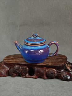 钧瓷名家温帅手工孔雀蓝窑变精品连心桥壶茶壶摆件原矿釉色