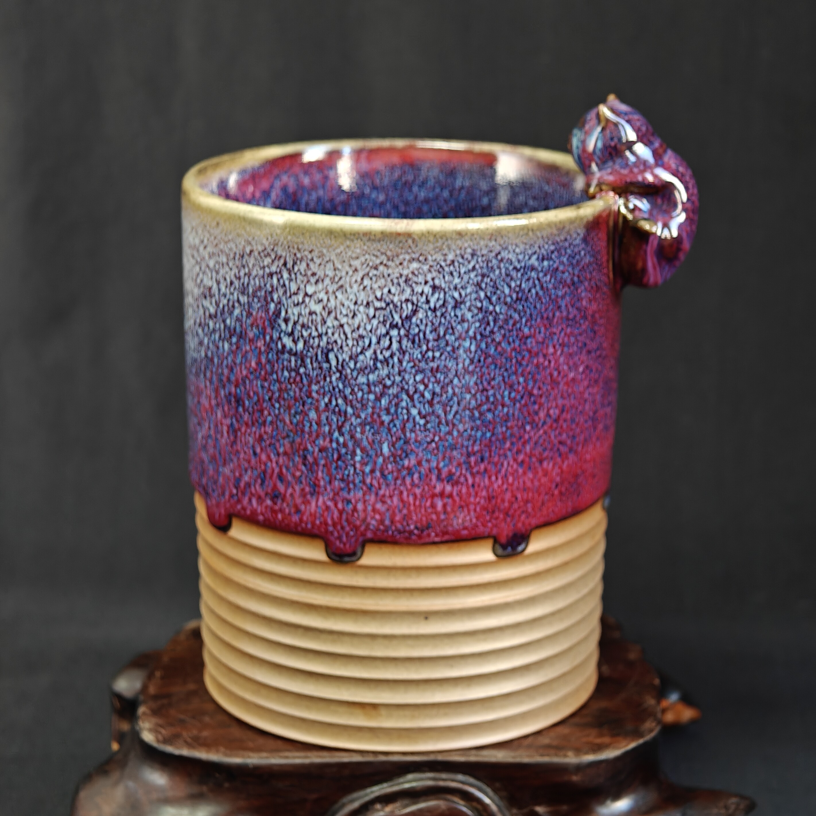 钧瓷名家常远纯手工紫色半釉窑变精品猫罐笔筒花瓶水㿻摆件原矿