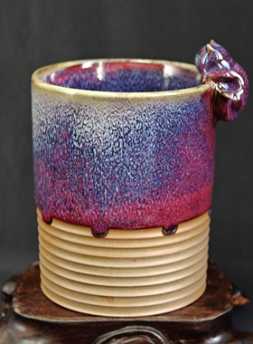 钧瓷名家常远纯手工紫色半釉窑变精品猫罐笔筒花瓶水㿻摆件原矿