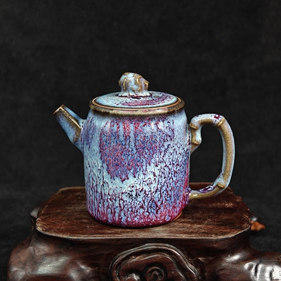 钧瓷名家常远纯手工紫色孔雀羽窑变精品高竹节壶茶壶原矿中式复古