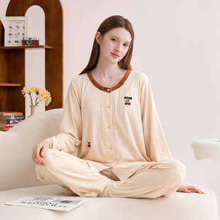家居服套装 芬腾睡衣女春秋长袖 大码 开衫 圆领日系樱桃甜美宽松秋季
