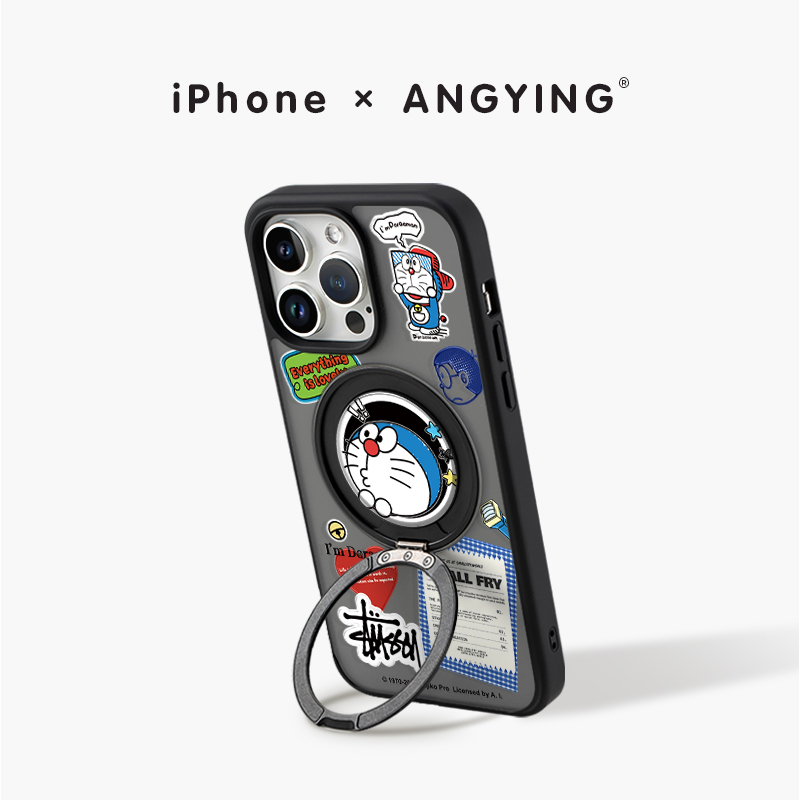 ANGYING × 探头机器猫适用苹果16promax手机壳iPhone15pro新款带支架ip13全包磁吸支点潮牌14网红高级Fo5套