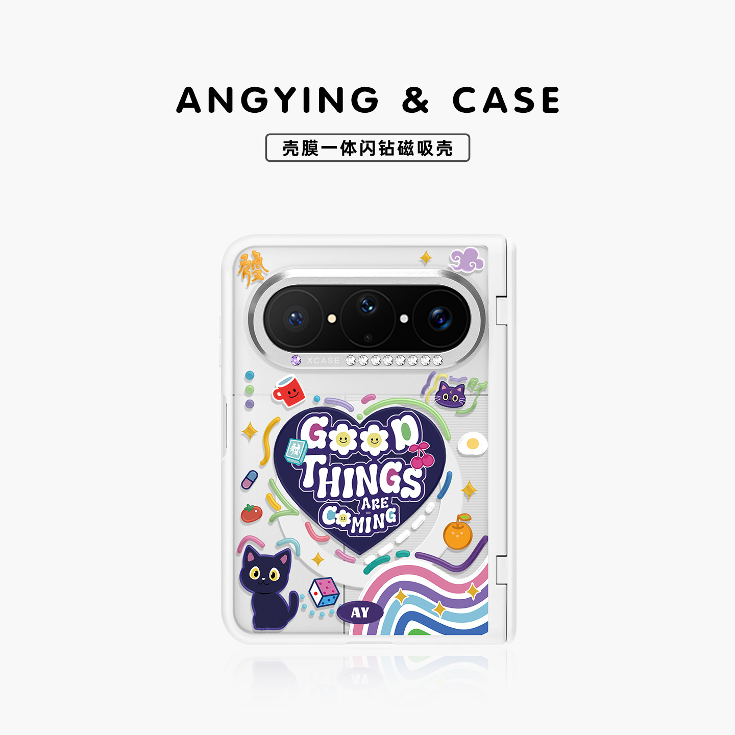 ANGYING × 爱心涂鸦猫适用华为PuraXMax手机壳磁吸小折叠阔PURA典藏版XZ中轴全包保护套防摔x2新款透明高级