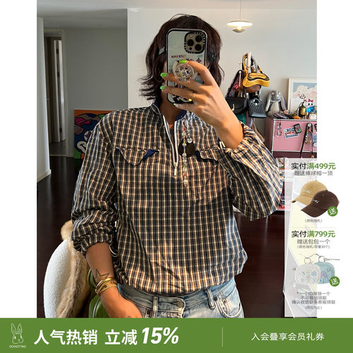 DNT/韩火火 休闲复古经典格纹铝丝造型衬衫口袋工装立领中性纹衫