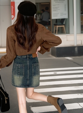 Mike&蓝灰色牛仔短裙女2024早秋新款设计感个性后袋腰头皮牌裙子