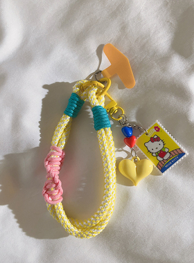 超萌日韩卡通黄色KT邮票挂件编织带尼龙短款手绳适用于手机壳学生ins可爱女款手机链钥匙扣ccd便携短款手腕带