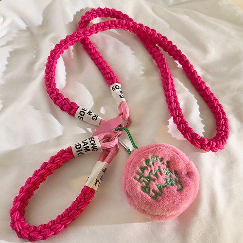 玫红立体HAPP圆形零钱袋手机挂绳