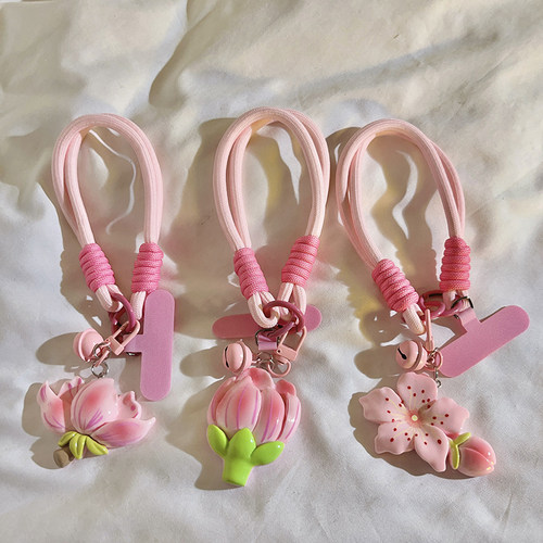 粉色铃铛花朵吊坠编织尼龙手绳