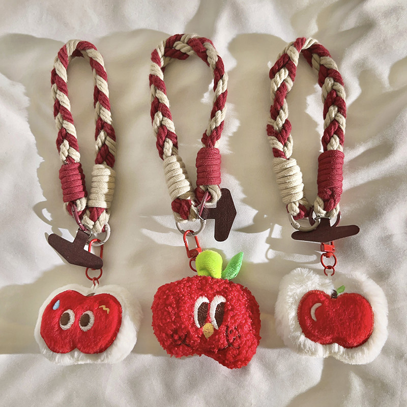 毛绒公仔红苹果玩偶尼龙线材编织挂绳适用于手机壳可爱造型趣味网红女款手机链学生背包挂件ccd钥匙扣便携绳
