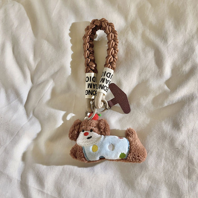 毛绒圆点小狗公仔编织手绳适用于手机壳DIY学生包挂件手机配饰便携车钥匙扣耳机套卡通可爱便携短款腕带手环