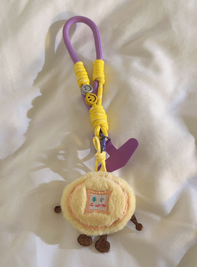 可爱毛茸黄色铜钱挂件编织尼龙短款手绳适用于手机壳趣味ins卡通女款学生书包挂链钥匙扣耳机CCD便携挂饰腕带