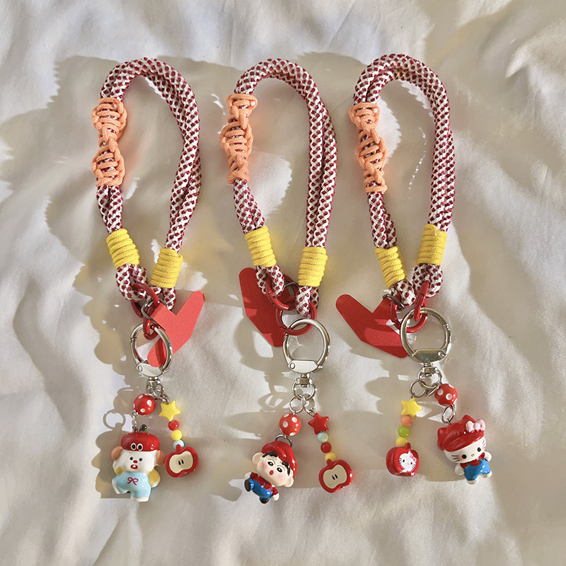 动漫卡通可爱立体红苹果KT猫挂件手腕式短款手绳适用手机壳挂绳结实耐用多功能手机链钥匙扣ccd便携挂链防丢