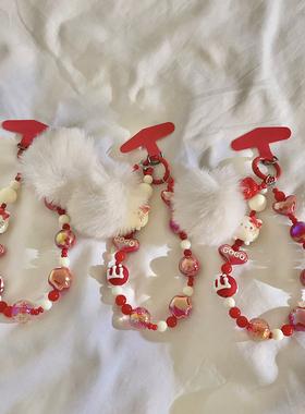 萌系超可爱红色串珠手链挂件适用于手机壳百搭新年喜庆女款毛绒吊坠包包挂链钥匙扣ccd耳机便携手腕带挂饰968