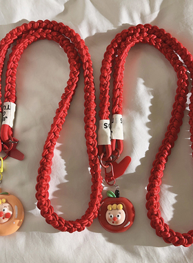 ins卡通可爱橙色梨苹果娃娃吊坠挂件编织尼龙长绳适用于手机壳挂绳趣味女百搭ccd相机配饰户外多功能便携挂脖