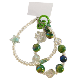 复古祖母绿撞色珠珠双扣手机链手机壳钥匙扣便携手绳ccd相机链耳机套挂链饰品挂件防丢手提挂饰挂绳手工珠链