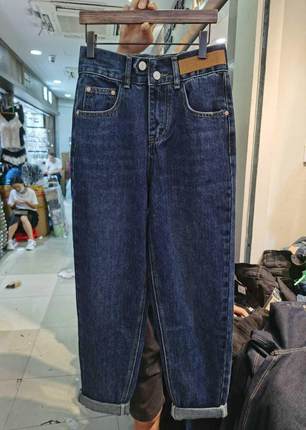 欧娜OUNA denim D9768-2韩国宽松显瘦松紧腰老爹裤牛仔裤女2020秋