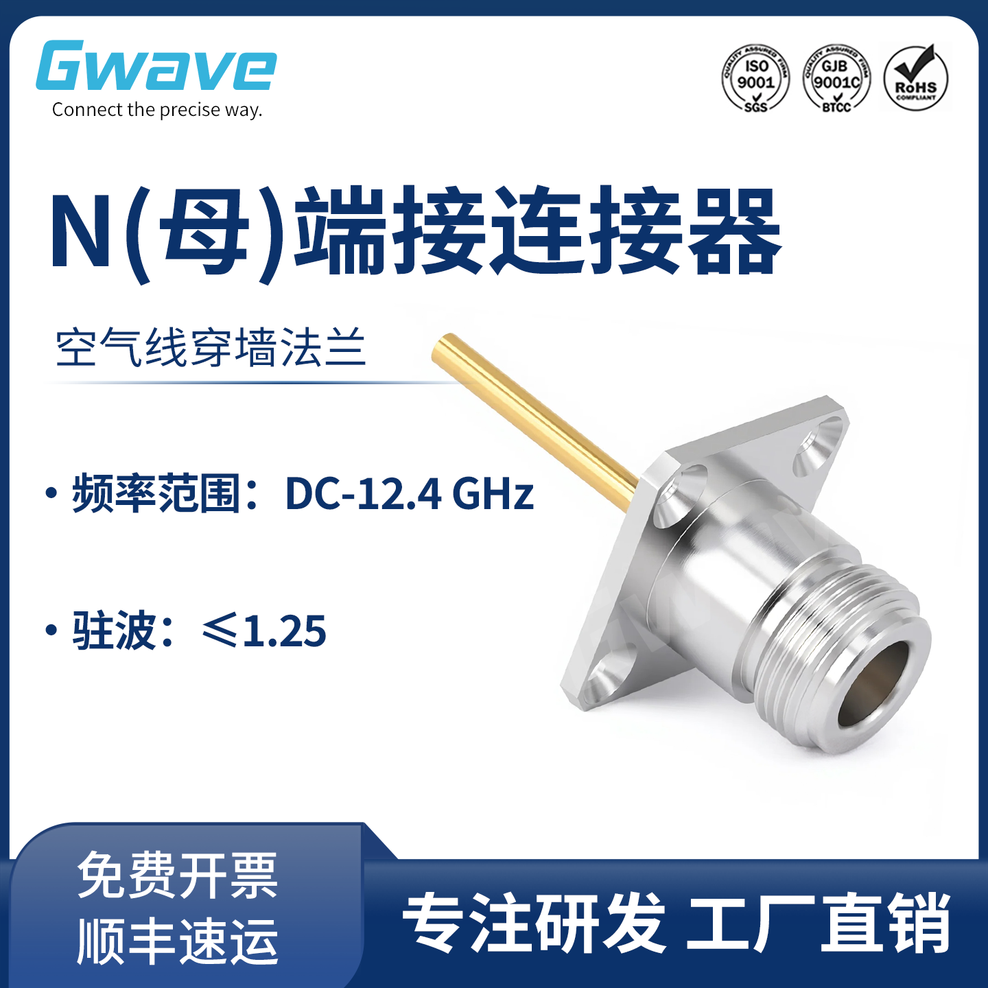 谷波互连N母空气线穿墙连接器 四孔法兰孔距18.2mm 12.4G N-KFD30