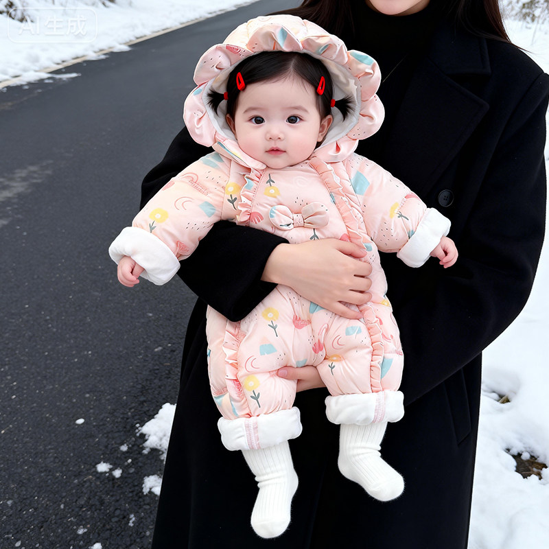 婴儿连体衣加厚保暖宝宝新生儿衣服连帽2025新款外出服抱衣秋冬季