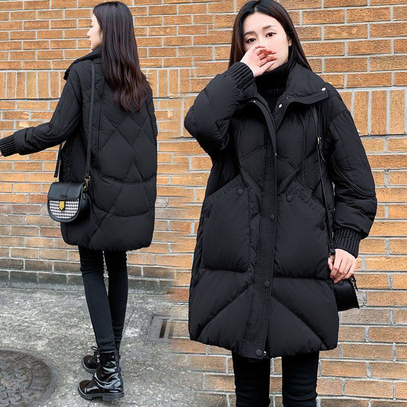 黑色羽绒棉服女2024年冬新款加厚中长款宽松大码时尚洋气白绒外套