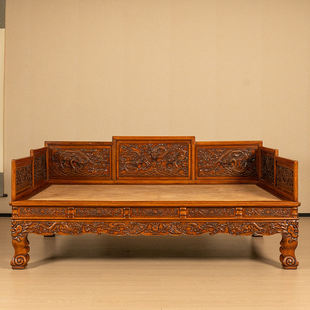 二十世纪黄花梨高浮雕戏水龙纹七围屏罗汉床传统海南黄花梨罗汉床