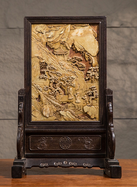 清代红木镶祁阳石雕献寿图人物故事插屏文挖古典收藏真品屏风摆件