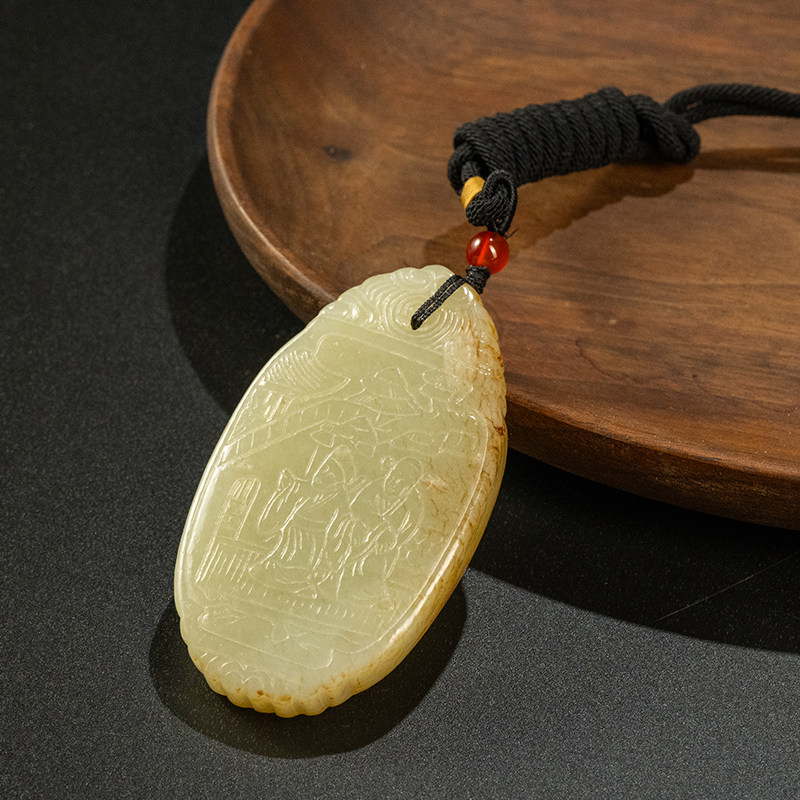 清代玉雕人物诗文佩老物件古玩古董玉器收藏和田玉雕挂件62.9g