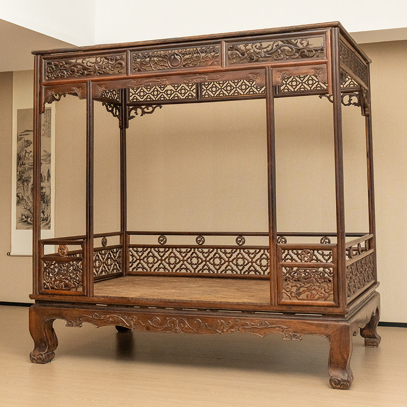 清代红木透雕螭龙纹四合如意六柱架子床明清古典家具古董收藏真品