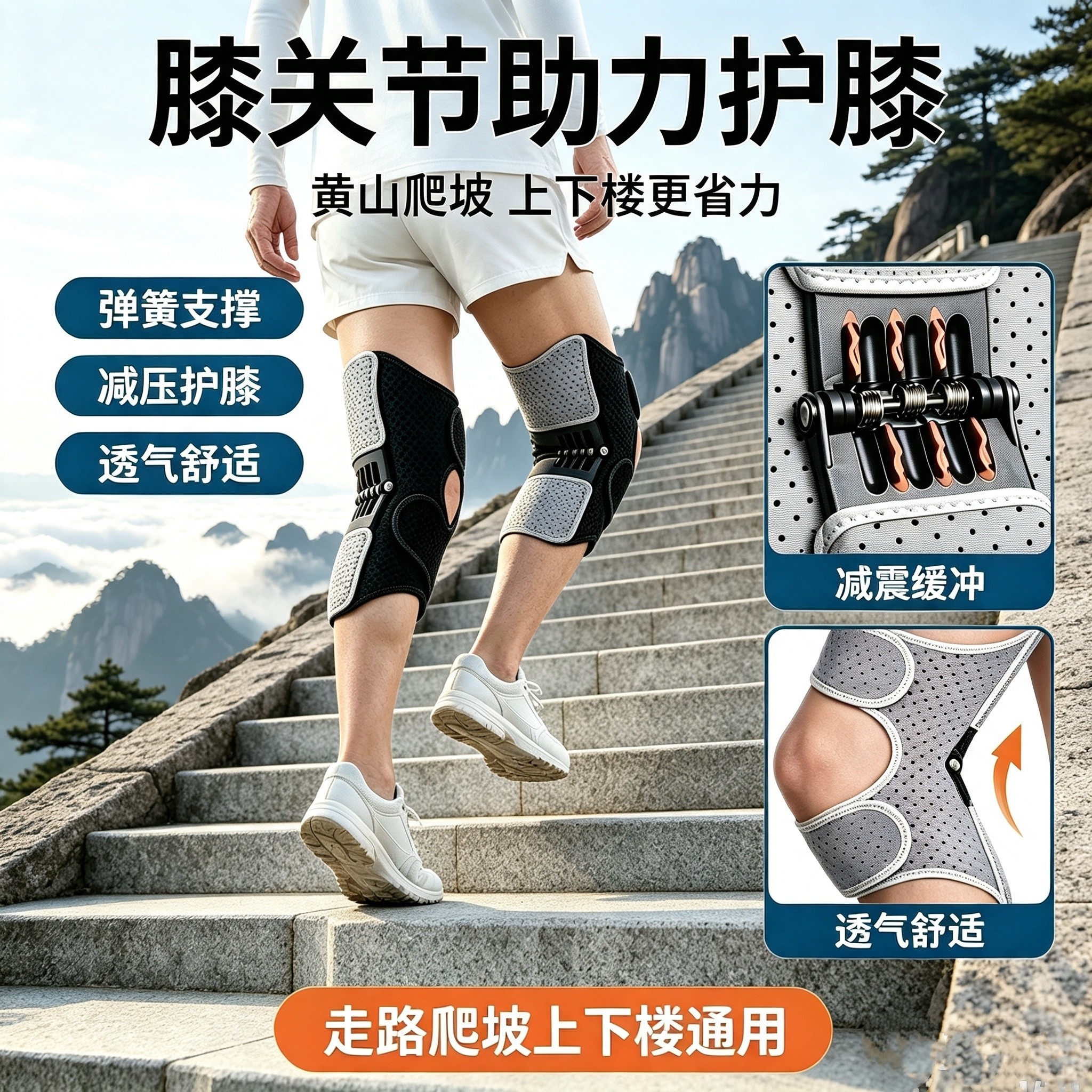 运动护膝透气防护户外登山徒步弹簧加压护膝透气网面老人防护护具