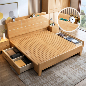 全实木床北欧风格原木轻奢简约现代1.5米1.8双人储物床主次卧新款