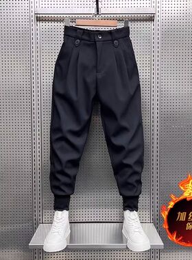 潮牌褶皱束脚裤子男款秋冬加绒加厚痞帅西装裤黑色哈伦潮流小西裤