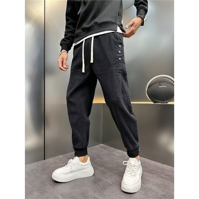 春秋新款牛仔裤男士复古九分裤休闲修身痞帅小伙束脚黑色哈伦裤男