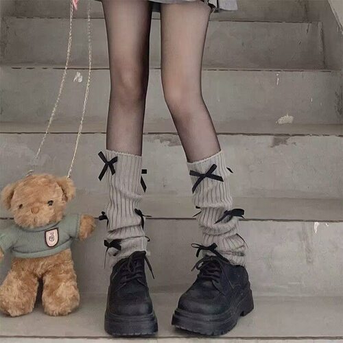 灰色针织袜套芭蕾风蝴蝶结堆堆袜