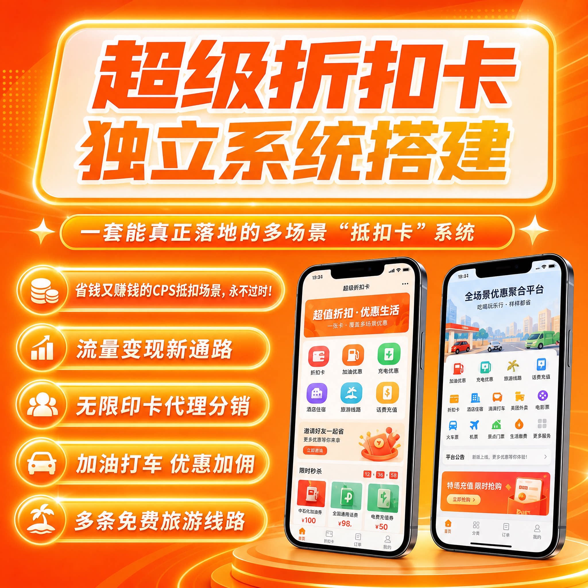 权益折扣卡旅游独立系统搭建打车加油CPS返佣小程序开发多商户