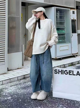 秒发诗歌兰18868舒适个性街头抽绳毛边九分裤薄绒牛仔裤2025冬季