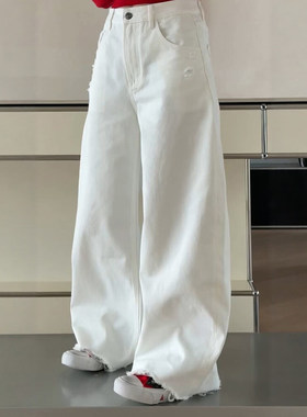 现货诗歌兰女装55017春季2026年新白色牛仔裤磨破香蕉裤欧货新款