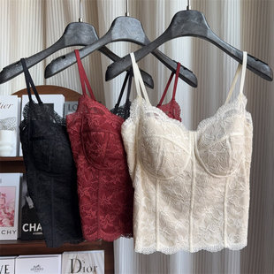 秋冬磨毛法式蕾丝纯欲吊带美背一体杯免穿文胸背心女修身显瘦6100