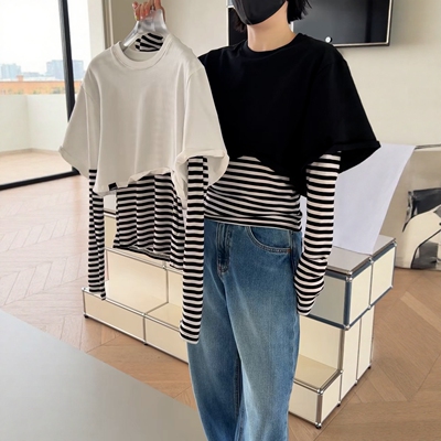 热销诗歌兰女装30203时尚百搭假两件T恤长袖弹力修身小众2026春季