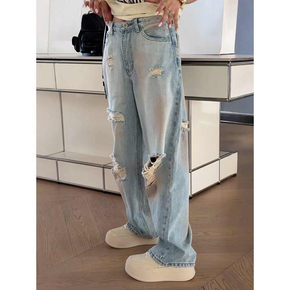 秒发主推诗歌兰2508做旧破洞牛仔裤松弛感潮女裤百搭宽松2025秋冬