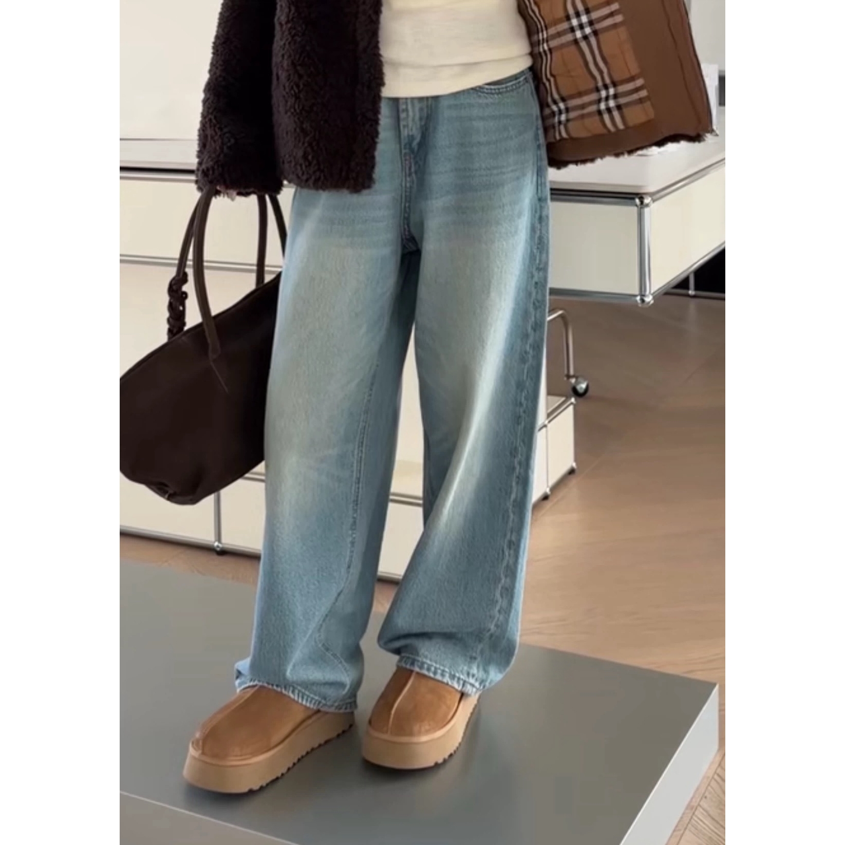 现货诗歌兰18063美式街头慵懒显瘦直筒靴裤加绒牛仔裤女2025冬季