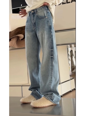 秒发诗歌兰15299复古时髦街头显瘦薄绒直筒牛仔裤女25年冬季新款