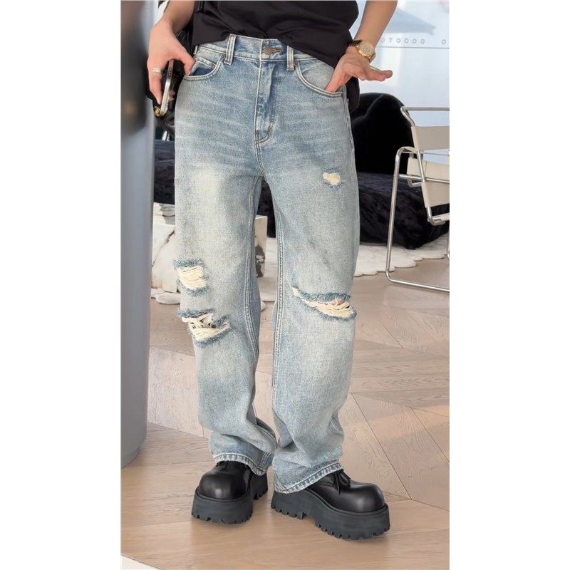 秒发M018诗歌兰2026春款百搭气质浅蓝色洋气直筒裤显瘦破洞牛仔裤