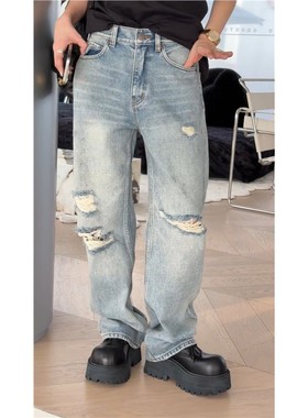 秒发M018诗歌兰2025秋款百搭气质浅蓝色洋气直筒裤显瘦破洞牛仔裤