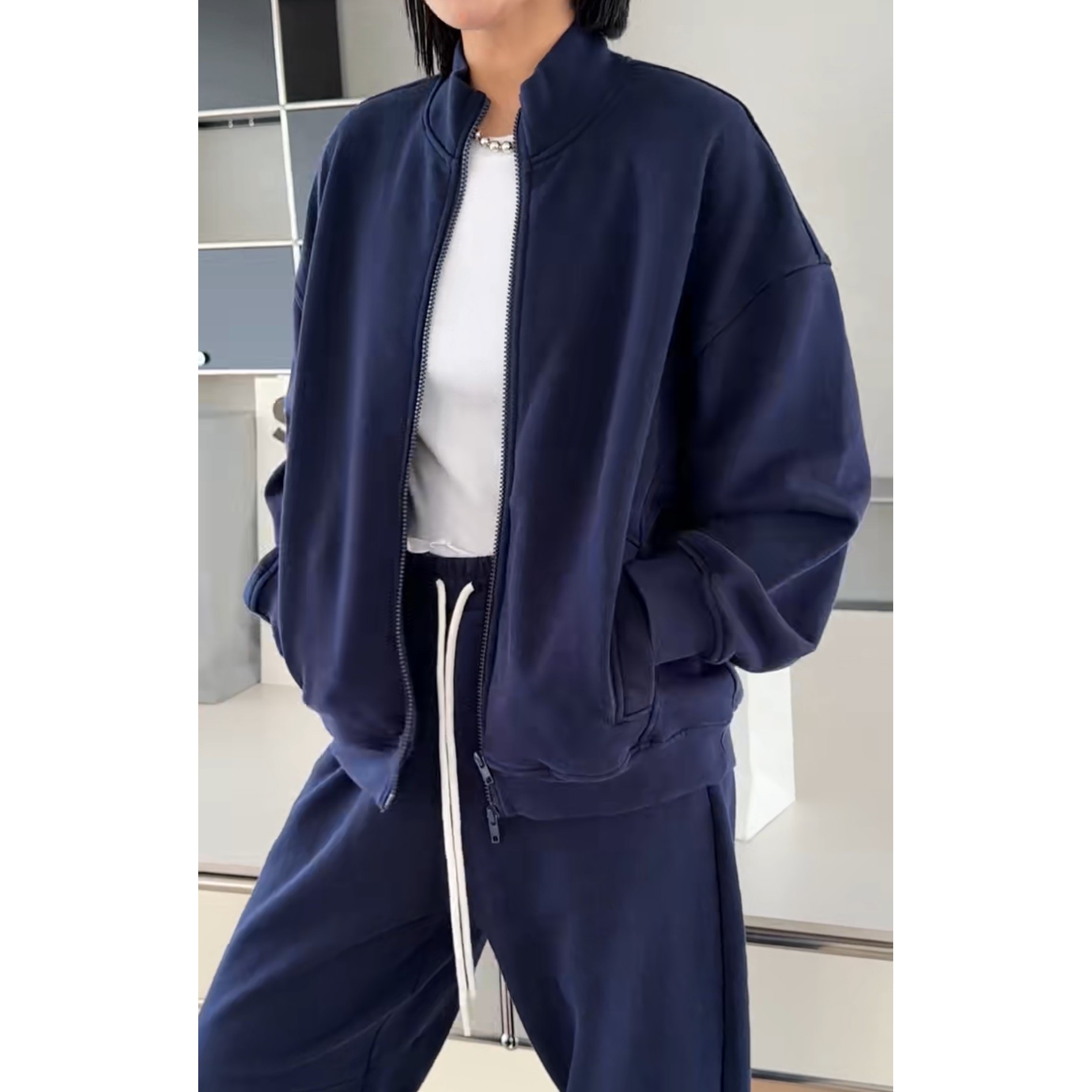 现货正品诗歌兰15378气质藏蓝色立领拉链休闲卫衣外套女2025秋季