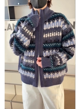 诗歌兰2026春款女装 25091慵懒知性舒适风花纹立领拉链毛衣女