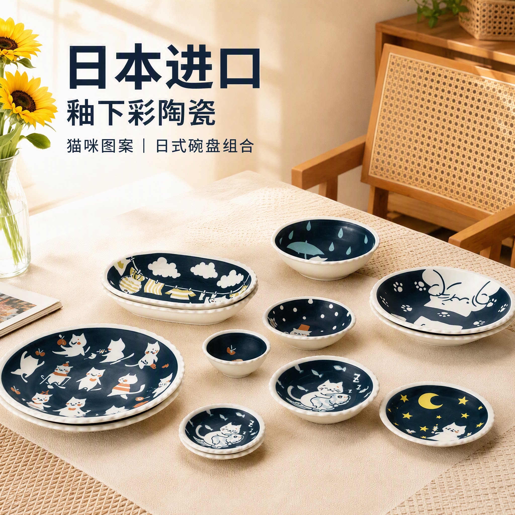 日本进口陶瓷餐具猫咪日式家用菜盘