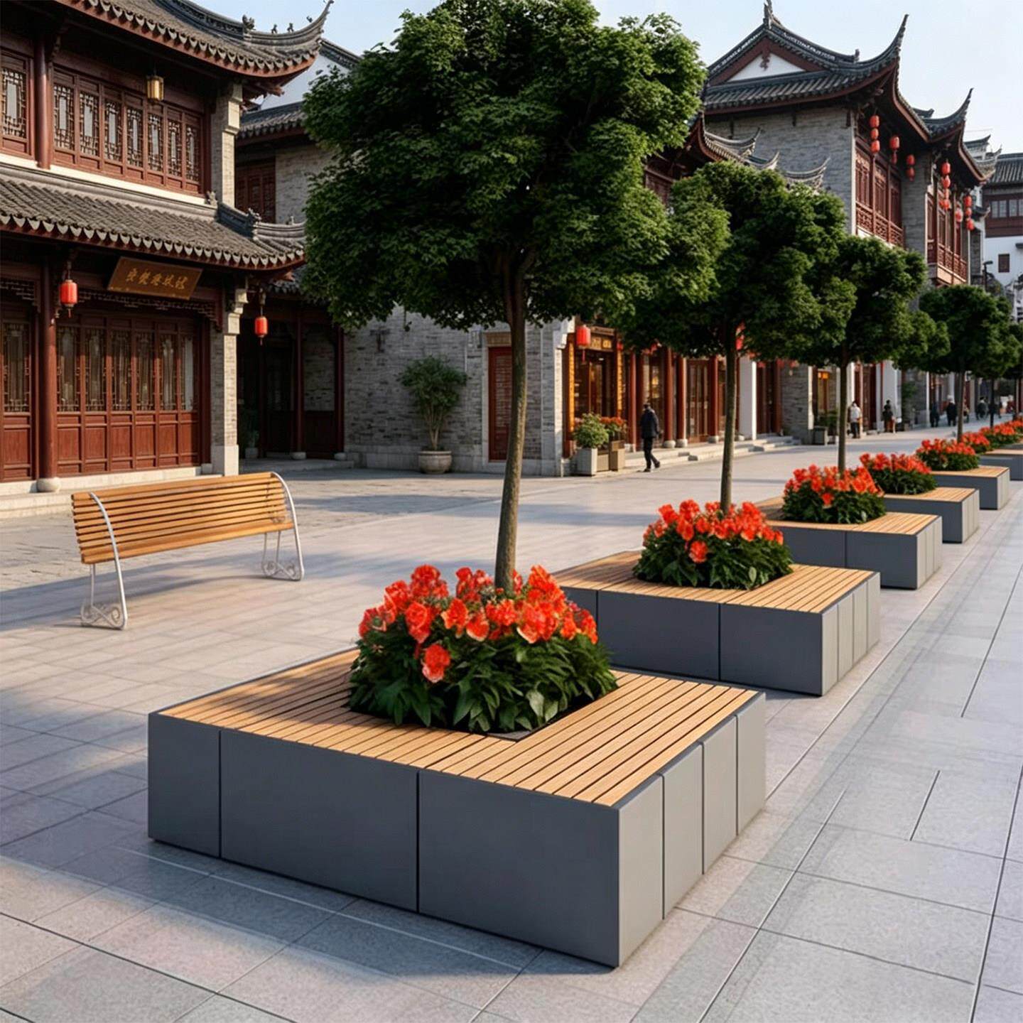 市政户外休息座椅定制商场花箱坐凳树池异形环形广场公园防腐木椅
