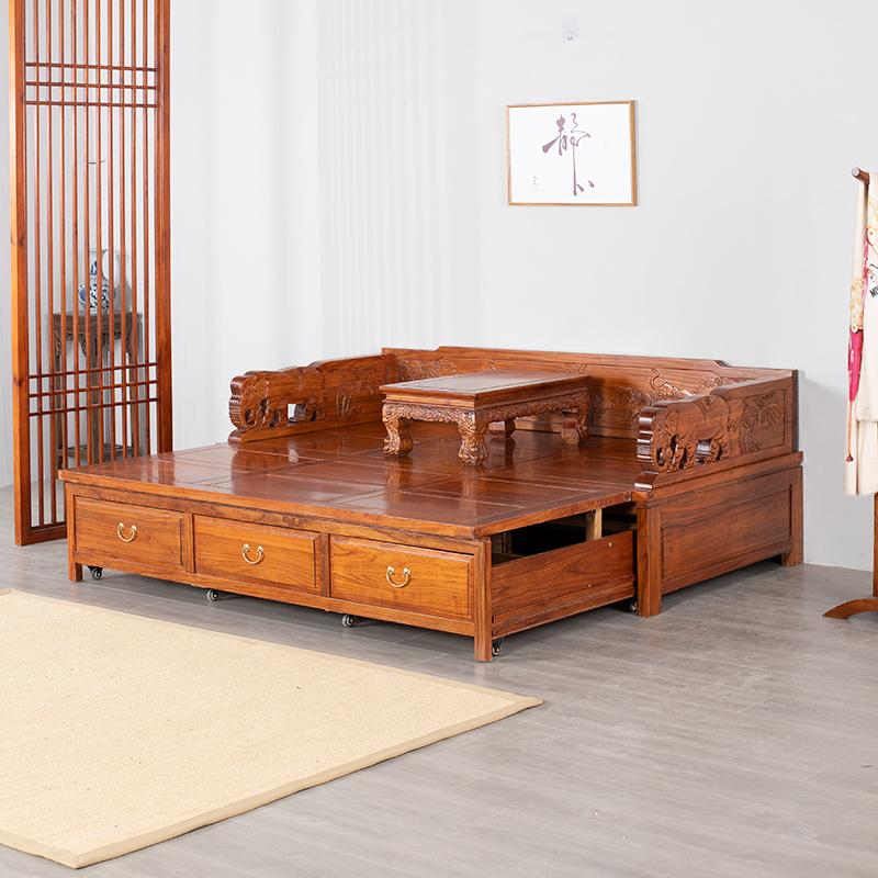 实木伸缩推拉罗汉床两用大象雕花仿古禅意床榻多功能折叠床可定制